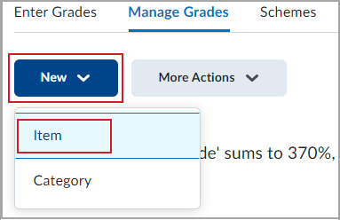 Le menu déroulant Nouveau dans lequel l'option Élément est mise en évidence.