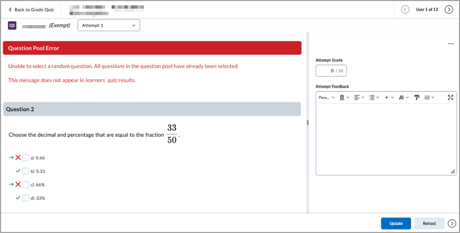 The Grading view showing Question Pool Error with selected and correct answers for a quiz question.