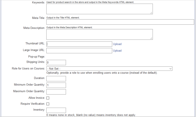 Product metadata and quantities can be changed using fields like Keywords, URL, and more