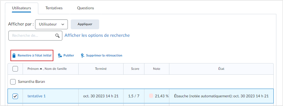 Le bouton Réinitialiser de l'onglet Gérer les questionnaires.