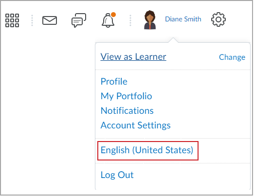 The User Settings menu with the current language highlighted.