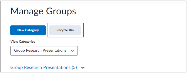 Haga clic en el botón Papelera de reciclaje en el cuadro de diálogo Administrar equipos de trabajo para restaurar los equipos y las categorías eliminados.