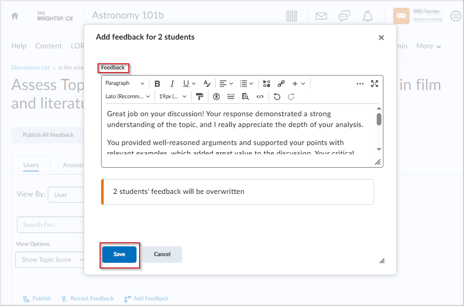 Add feedback window in Brightspace with feedback text entered and 'Save' button highlighted.