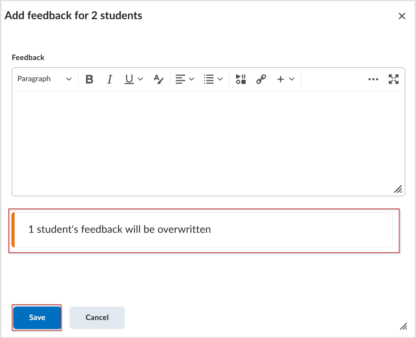 Adicione a janela de feedback no Brightspace com uma mensagem de aviso sobre a substituição de feedbacks existentes e o botão "Salvar" realçado.