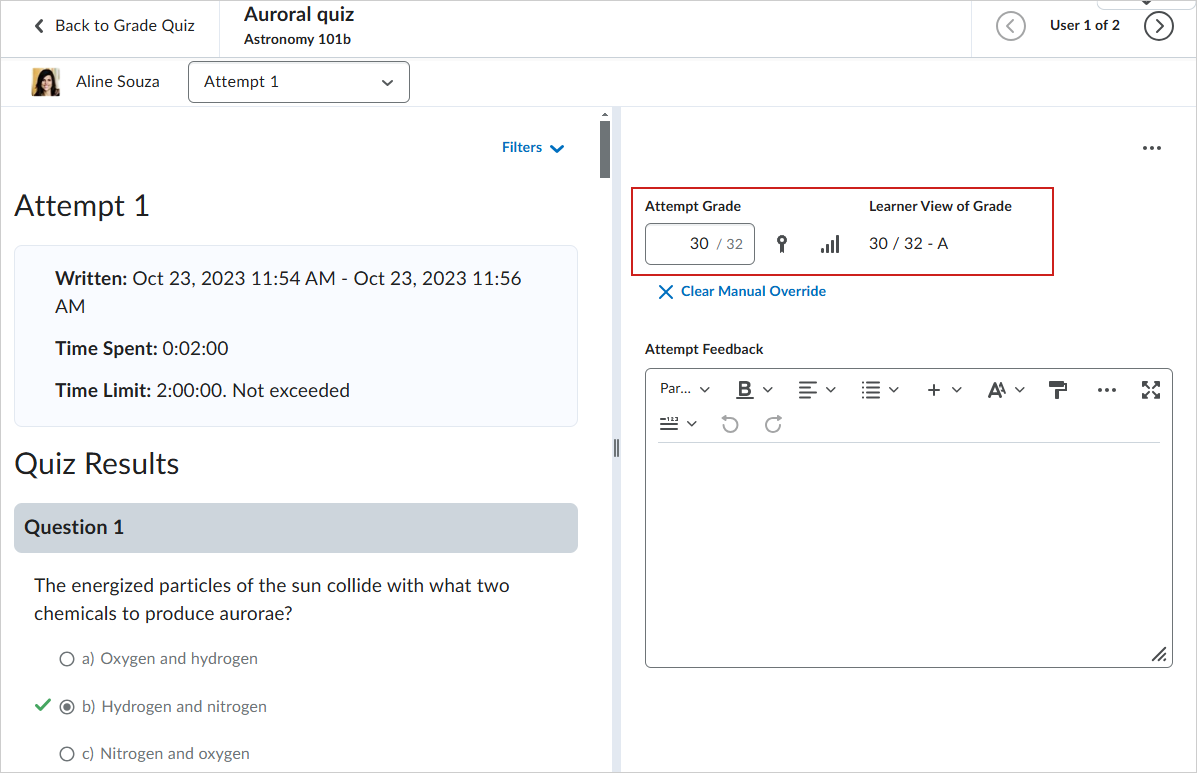 The Attempt Grade and Learner View of Grade for a quiz attempt.