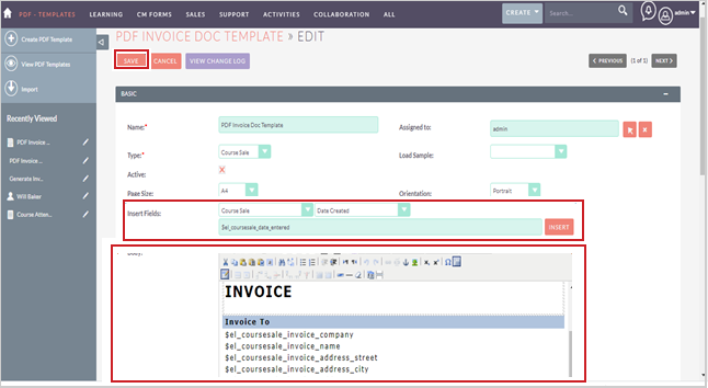 The Insert Fields option showing the available fields for a PDF Invoice Doc Template