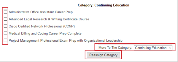 The Move to Category drop-down menu and the Reassign Category option. Child categories can be selected for reassigning.