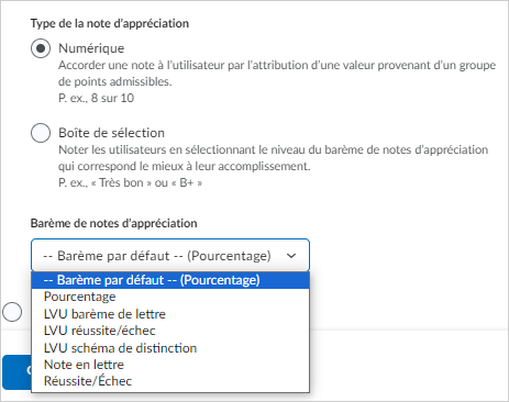 Les options Type de note et Barème de notes.