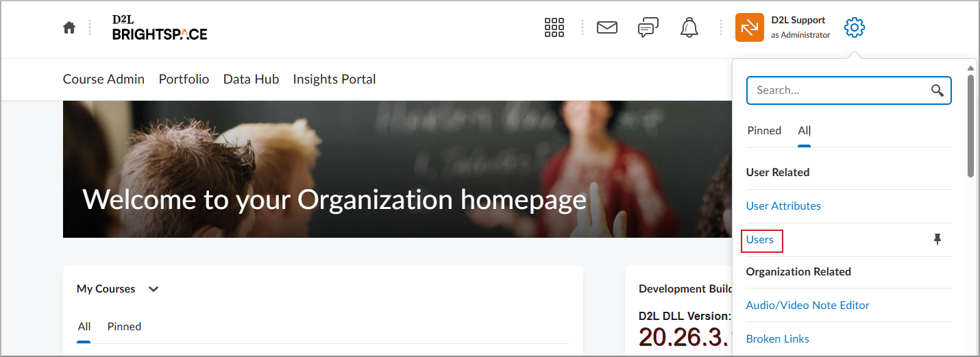 Admin Tools menu with Users selected under User Related section