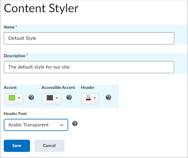 The Content Styler  dialog, providing the ability to edit Accent, Accessible Accent, Header colors, and Header Font styles.