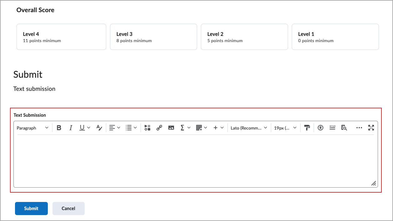 The Submit Assignment page with the Text Submission section highlighted