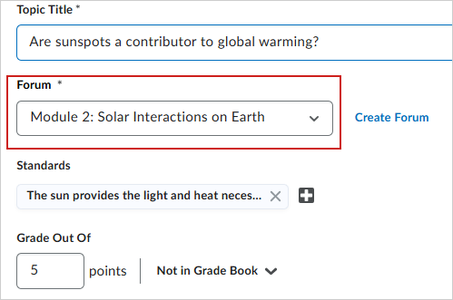 The Are sunspots a contributor to global warming? discussiont topic. It is in edit mode. The Forum drop-down menu is highlighted.