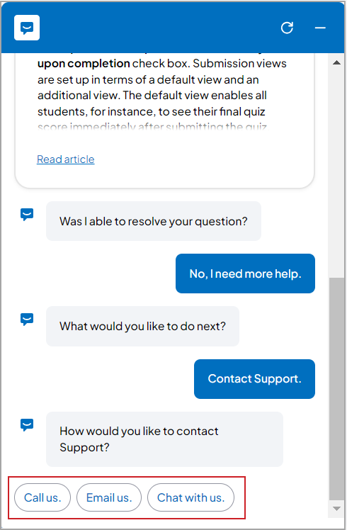 The Call us, Email us, and Chat with us options in the Brightspace Virtual Assistant chat.