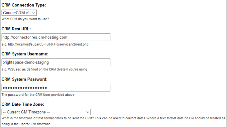 CRM Connection and Timezone Settings on the CRM Settings page