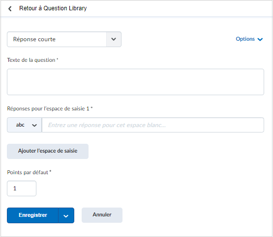 La page de création Question à réponse courte de la Bibliothèque de questionnaires.