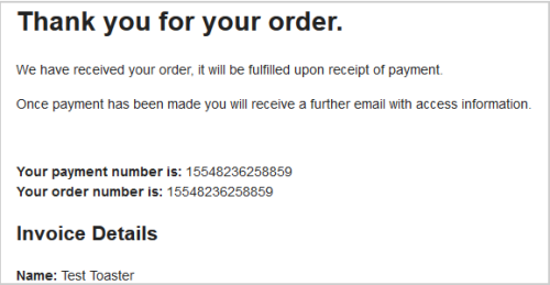 The confirmation message for a Pay by Invoice order.