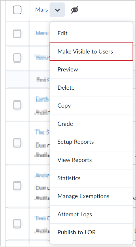 O menu Ações de um questionário mostrando a opção Tornar visíveis aos usuários.