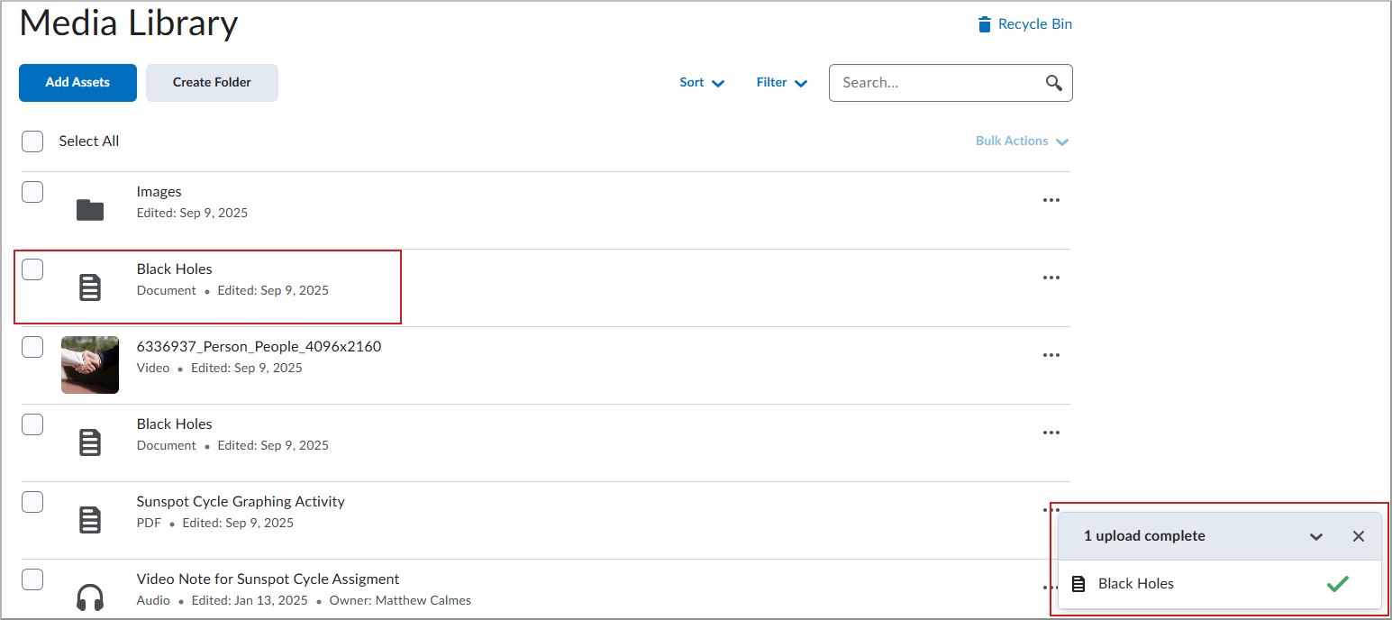 Tela Biblioteca de mídia mostrando o arquivo carregado.