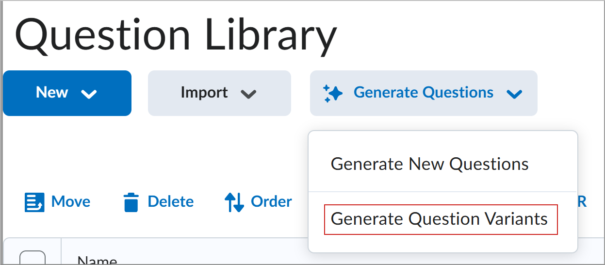 Página Biblioteca de Perguntas com o menu Gerar Perguntas expandido e a opção Gerar Variantes de Perguntas selecionada.