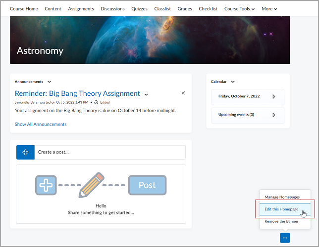 Course Home page with the Edit this homepage option highlighted