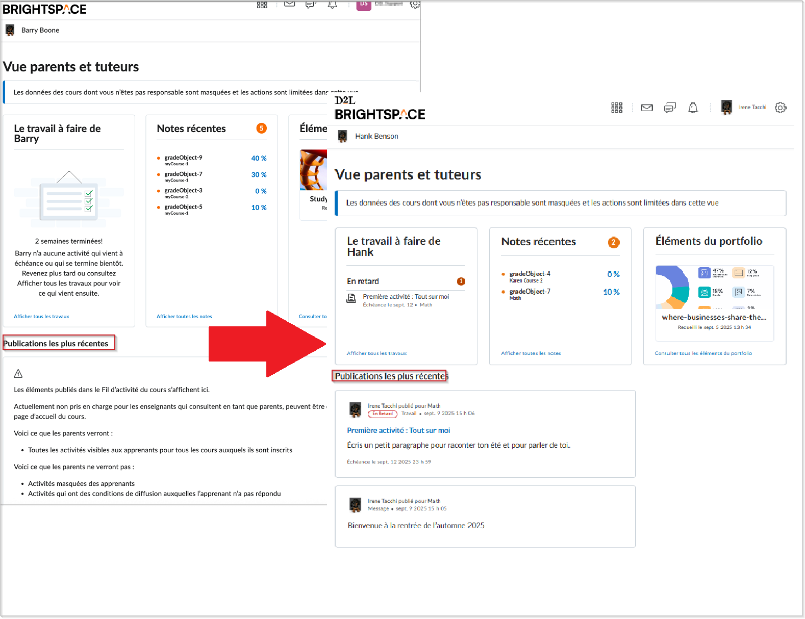 Vue du parent et du tuteur avec le fil d'activité et le menu déroulant Filtre du cours.