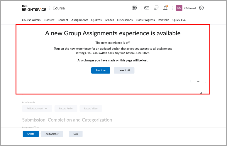 Dropdown prompting users to try creating group assignments in the newer experience, with the Turn it on and Leave it off buttons above the assignment creation form.
