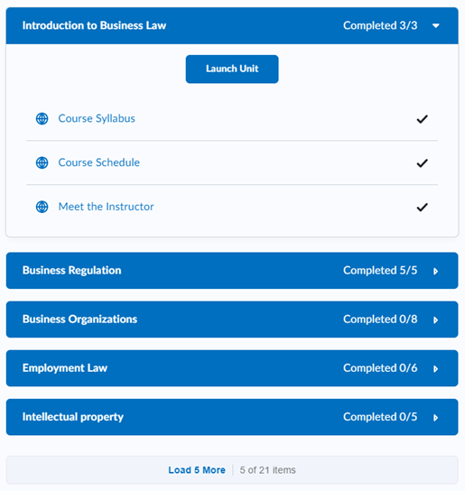 Weergave van de inhoudsopgave met een uitgevouwen module, de knop Eenheid starten, de knop Meer laden en de voltooiingsstatus