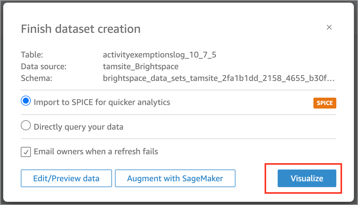 The Finish dataset creation popup shows information about the table, data source, and schema. The Import to Spice for quicker analysis option is selected and the Directly query your data option is not. The option to Email owners when a refresh fails is toggled to on. The three buttons at the bottom are Edit/Preview Data, Augment with SageMaker, and Visualize.