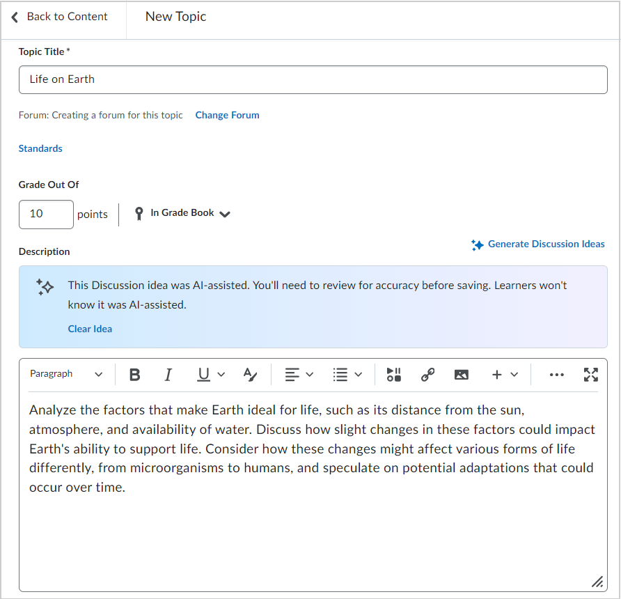 The New Topic page showing the Topic Title and Grade Out Of field. The generated idea is in the Description.