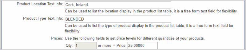 The fields for editing a backend product's location and prices