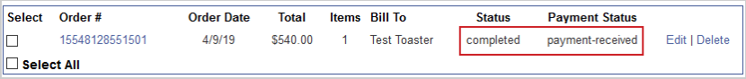 The order Status is marked as compeleted and the Payment Status is marked as payment-received for an approved order