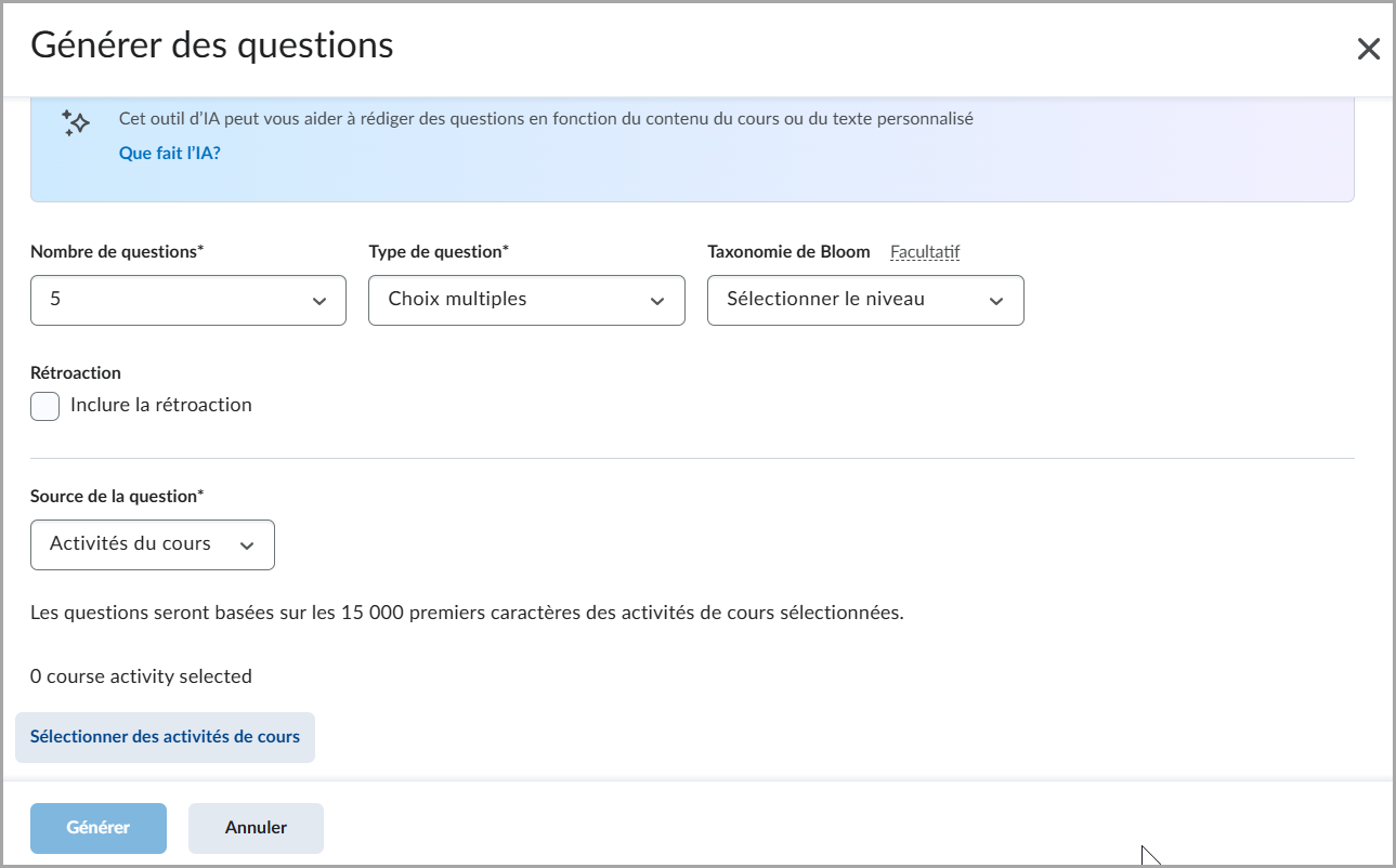 Boîte de dialogue Générer des questions affichant les options Lumi IA pour sélectionner le contenu, le type de question, le nombre de questions et le niveau de la taxonomie de Bloom.