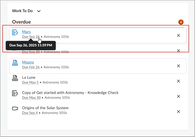 The Work To Do widget showing a hover tooltip with the specific due time and availability start time for an overdue assignment.