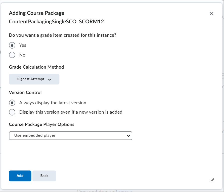 The Adding Course Package dialog showing the options for customizing a course package with the Add option