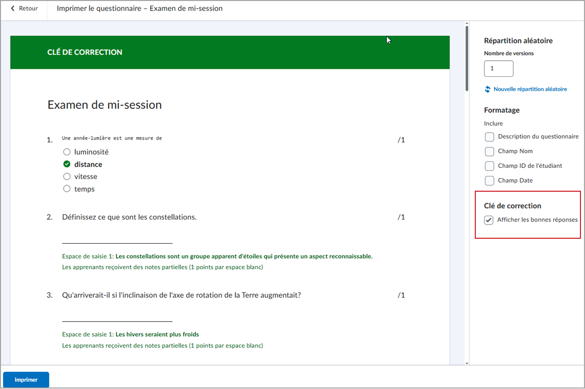 Aperçu d'impression d'un questionnaire affichant la clé de réponse et les options de formatage.