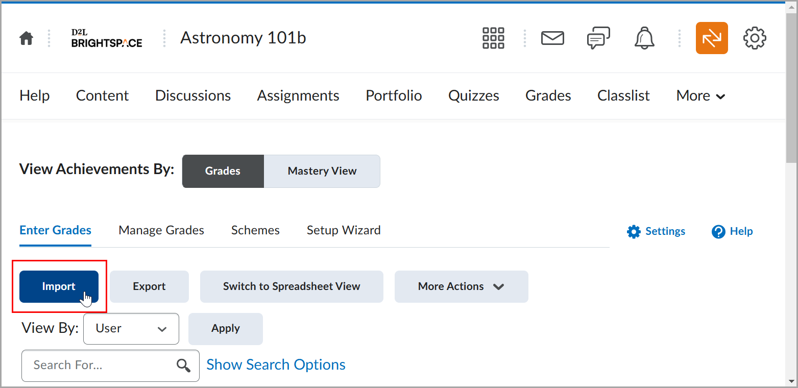 Grades tool in Brightspace with the Import button highlighted under the Enter Grades tab.