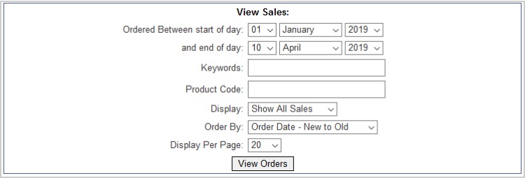 The search filters for sales reports with the View Orders button below