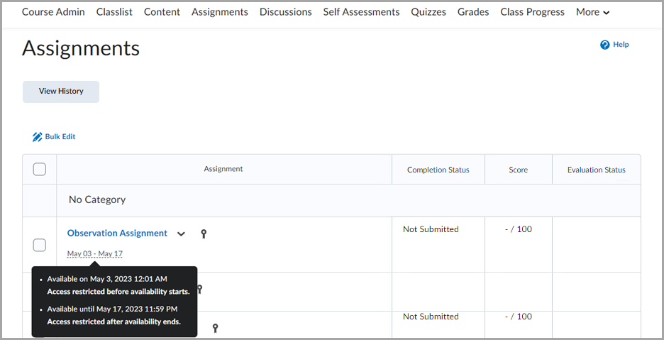 The Assignment page with activity dates and date settings