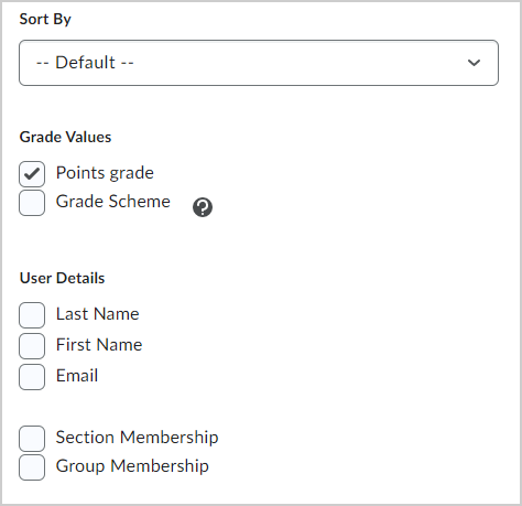 Additional Export Options including Grades Values and User Details.