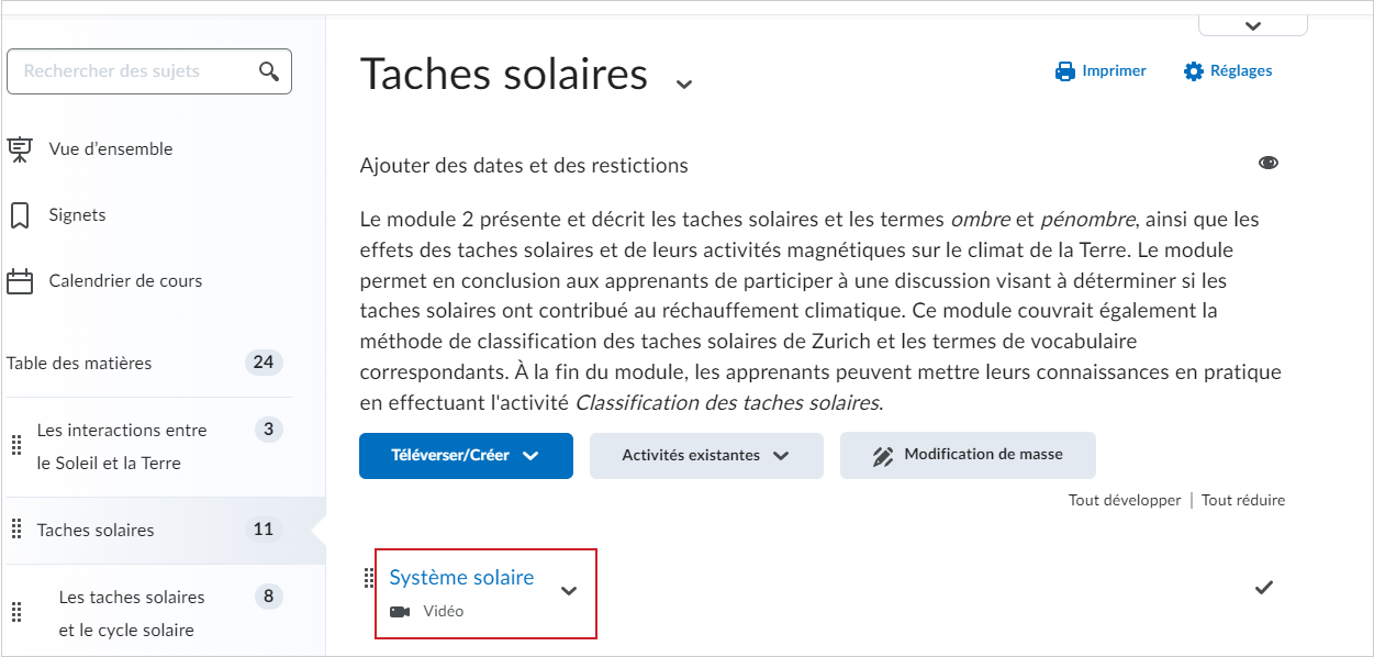 Figure : Vidéo ajoutée à un module dans Expérience de contenu classique.