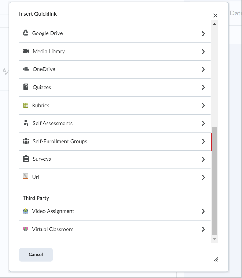 The Insert Quicklink dialog showing the Self-Enrollment Groups option.