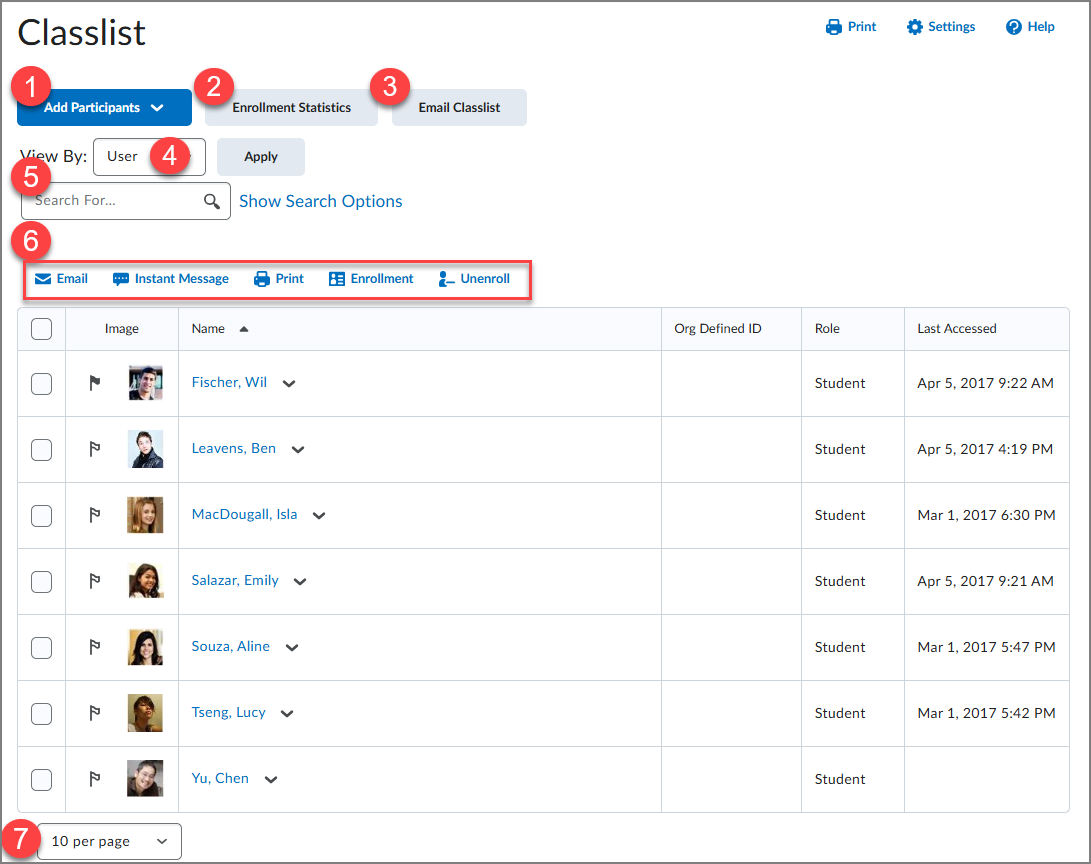 Classlist main page, with key actions numbered.