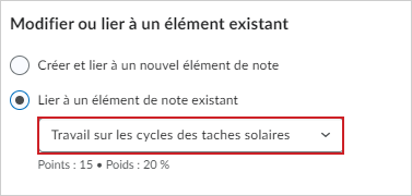 Le bouton de la liste déroulante Éléments de note.