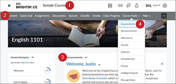 Course Homepage, highlighting the course title, Content, Announcements widget, and Course Admin menu.