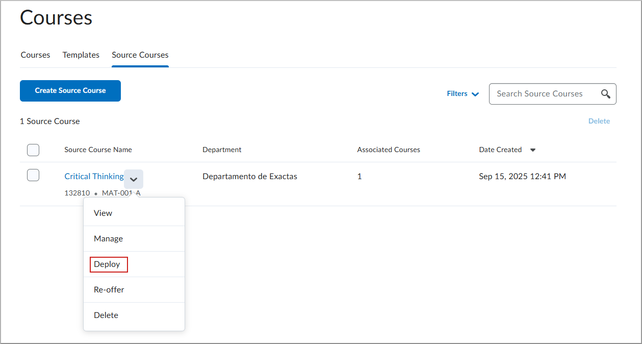 Courses screen with Action menu and Deploy highlighted.