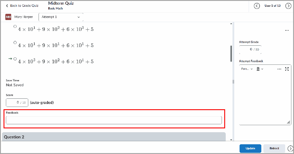 A quiz answer with the Feedback field highlighted.