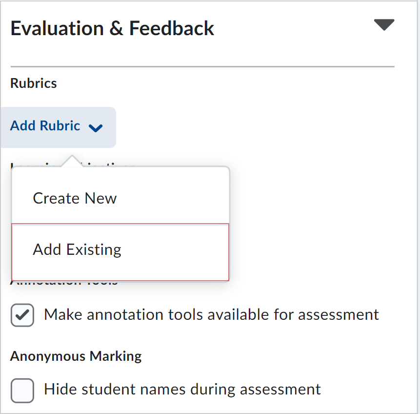 Het menu Evaluatie en feedback met de vervolgkeuzelijst Rubric toevoegen met de optie Bestaande toevoegen.