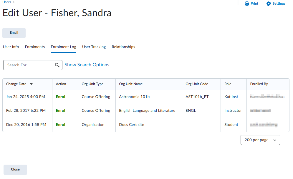 The Edit User page for a user. The Enrolment Log tab is selected.