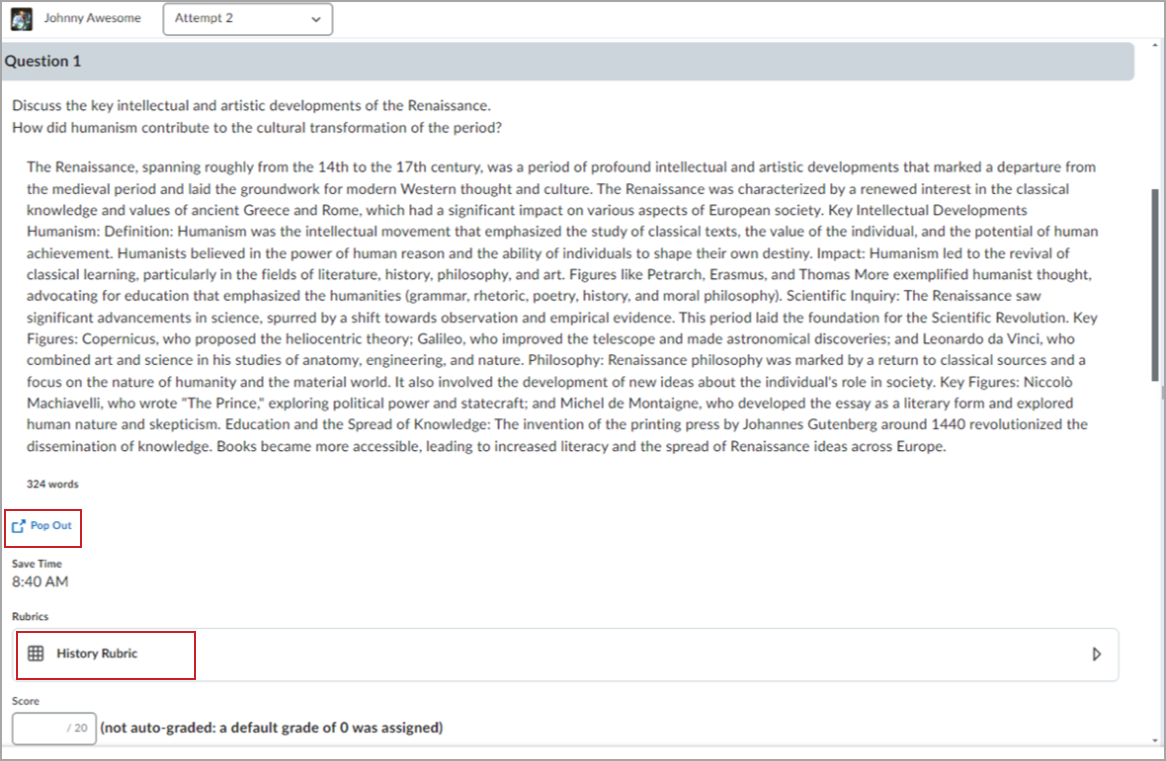 The instructor can click Pop Out to view the response submission in a separate window, or open the rubric below the submission in the same window.