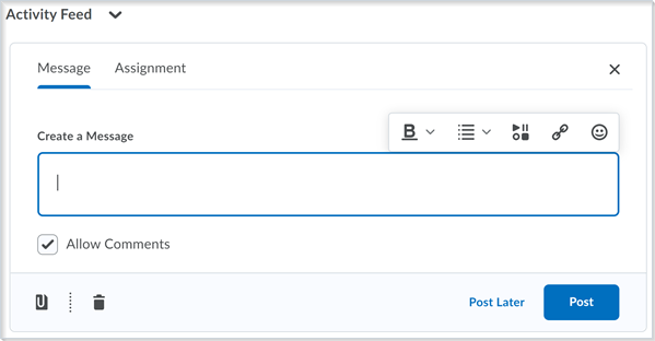 La versión limitada en línea del editor de Brightspace en Noticias de Actividad.